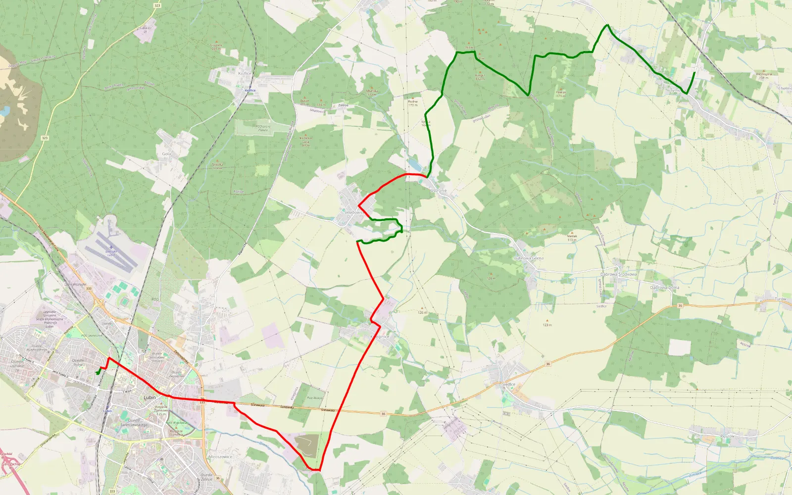 Mapa trasy Tymowa - Lubin - 21.2 km trasy offroad, Powiat Lubiński