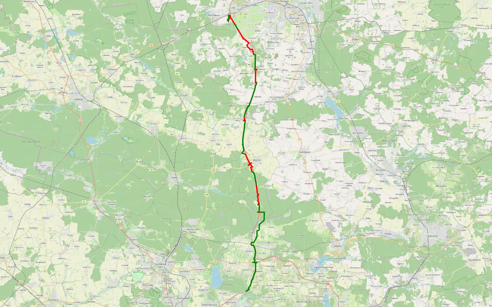 Mapa trasy Pomłlynie - Wyrazów - 43.8 km trasy offroad, Powiat Lubliniecki