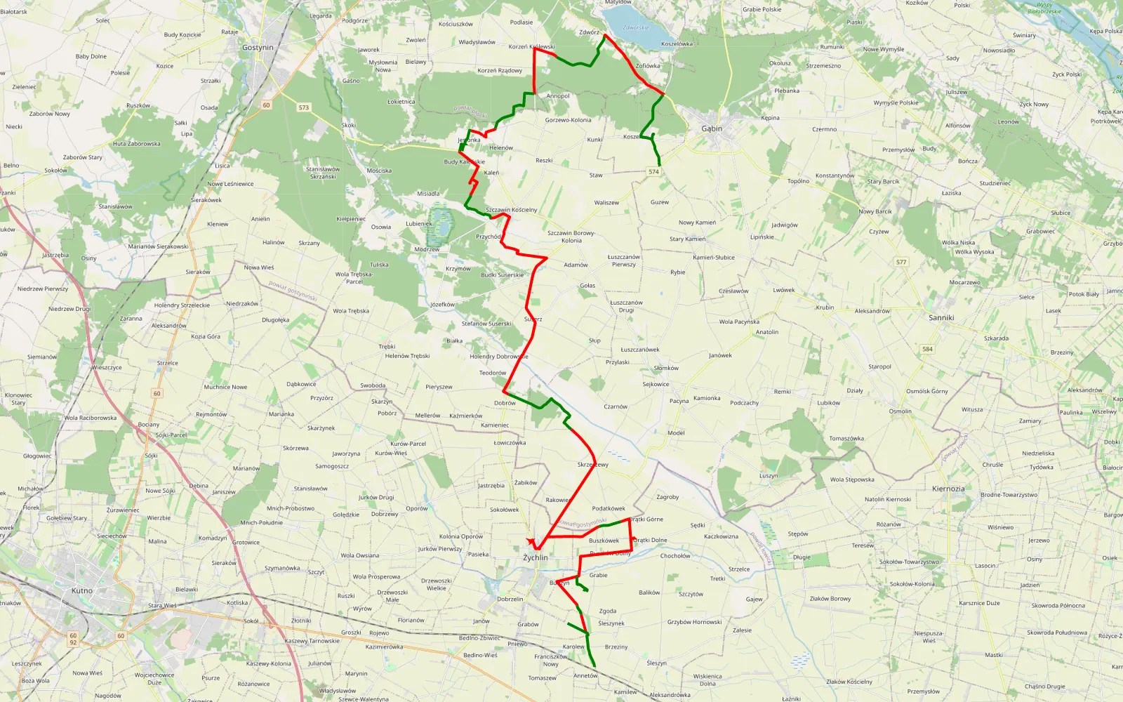Mapa trasy Koszelew - Brzeziny - 59.4 km trasy offroad, Powiat Gostyniński
