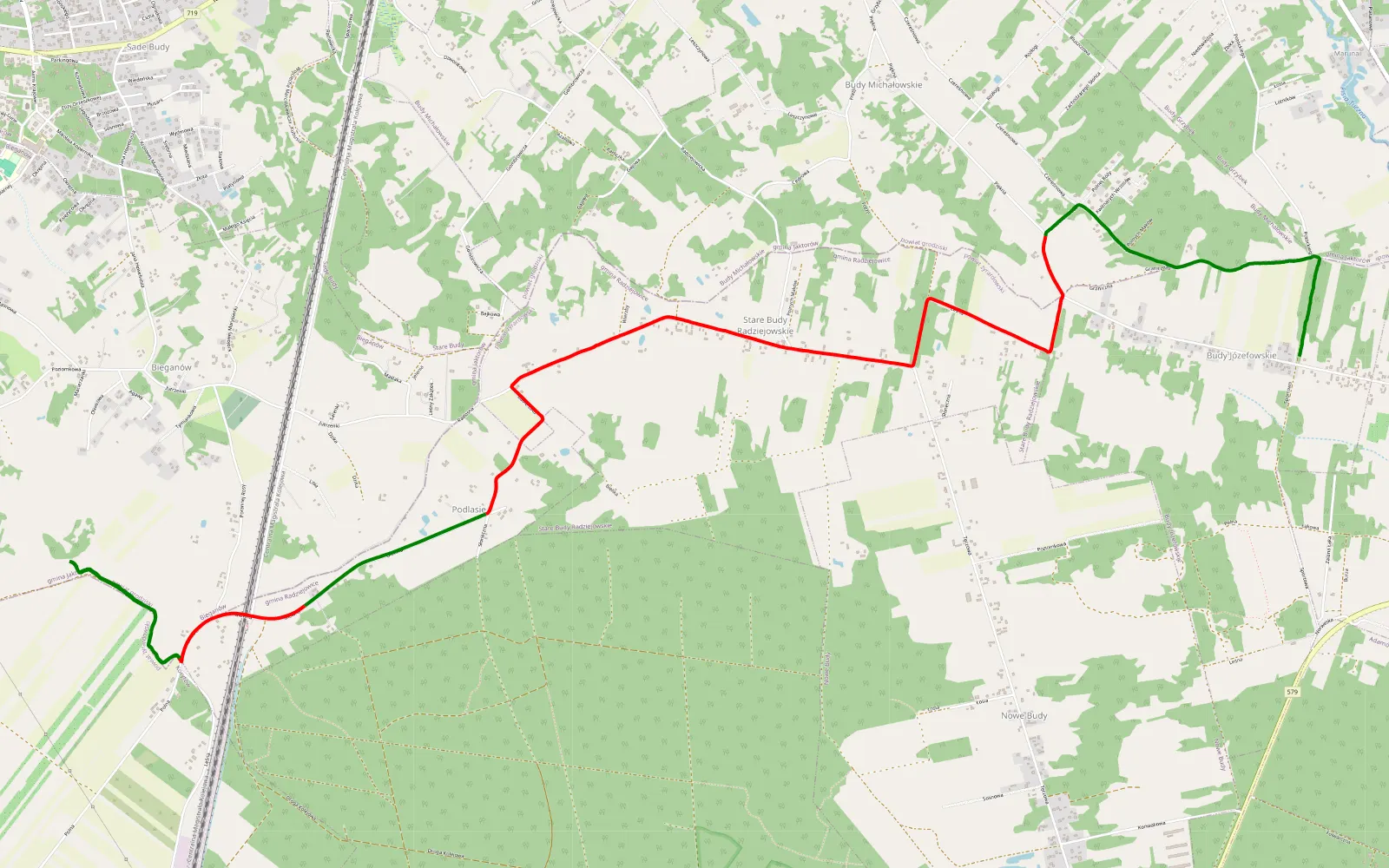 Mapa trasy Budy Józefowskie - Bieganów - 9.8 km trasy offroad, Powiat Żyrardowski