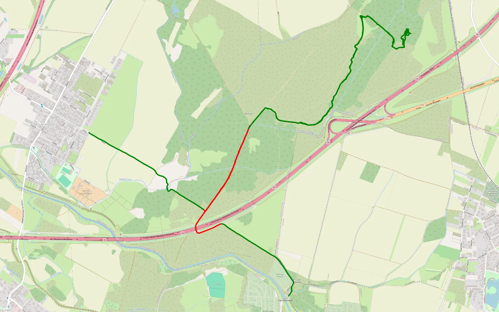 Mapa trasy Sołtysowice - Krzyżanowice - 10 km trasy offroad, Powiat Trzebnicki