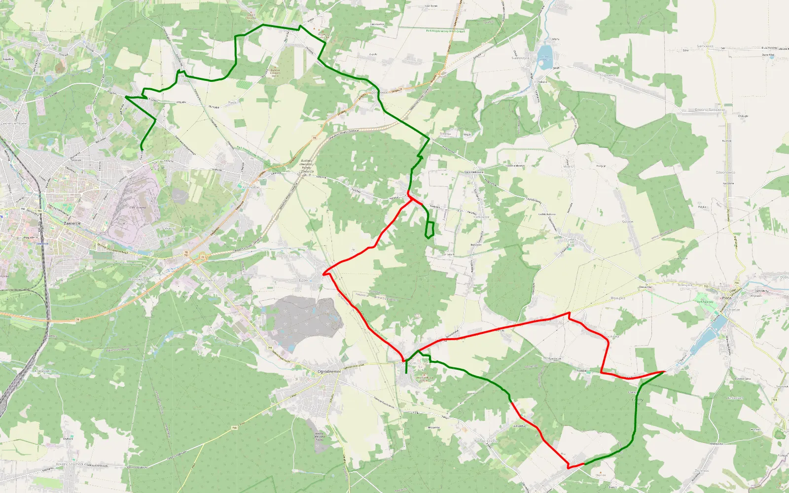 Mapa trasy Lośnice - Podzamcze - 25.9 km trasy offroad, Powiat Zawierciański