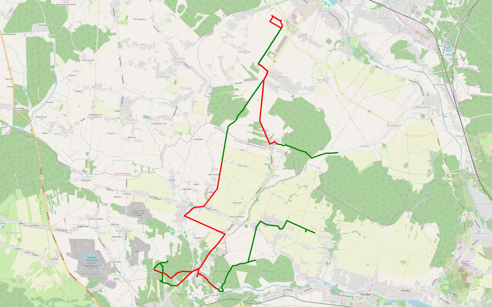 Mapa trasy Smudzówka - Krawce - 27.8 km trasy offroad, Powiat Myszkowski