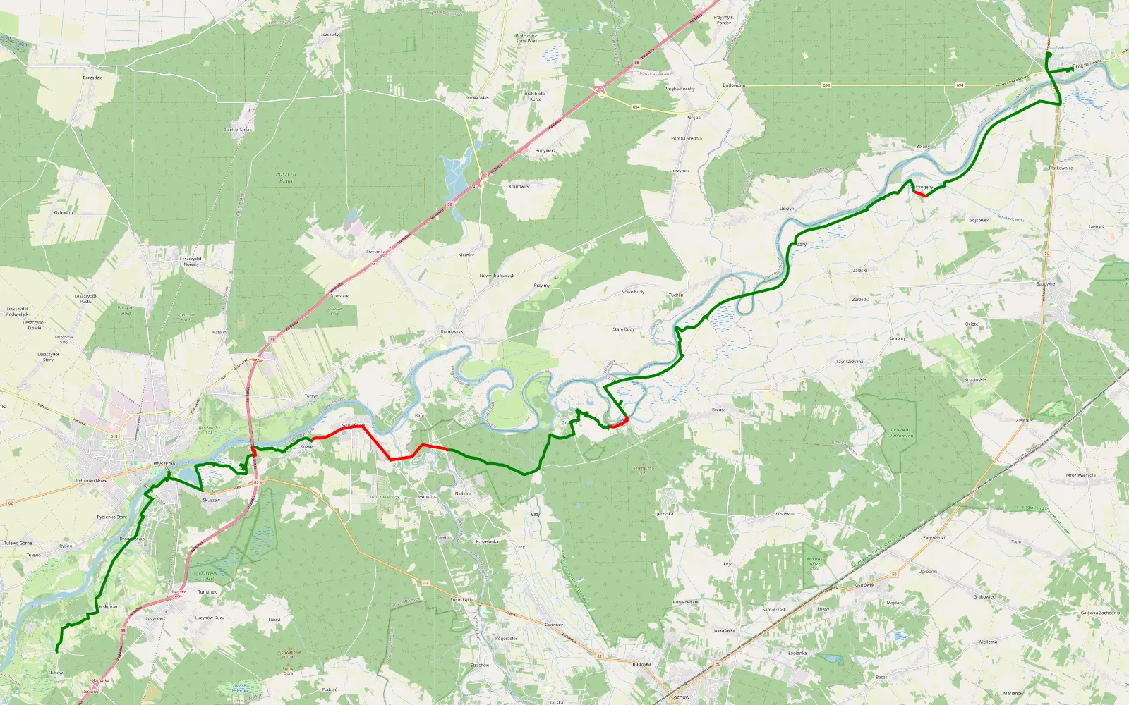 Map of Ślubów - Brok trasa na rybkę - 39.1 km offroad trail, Węgrów County