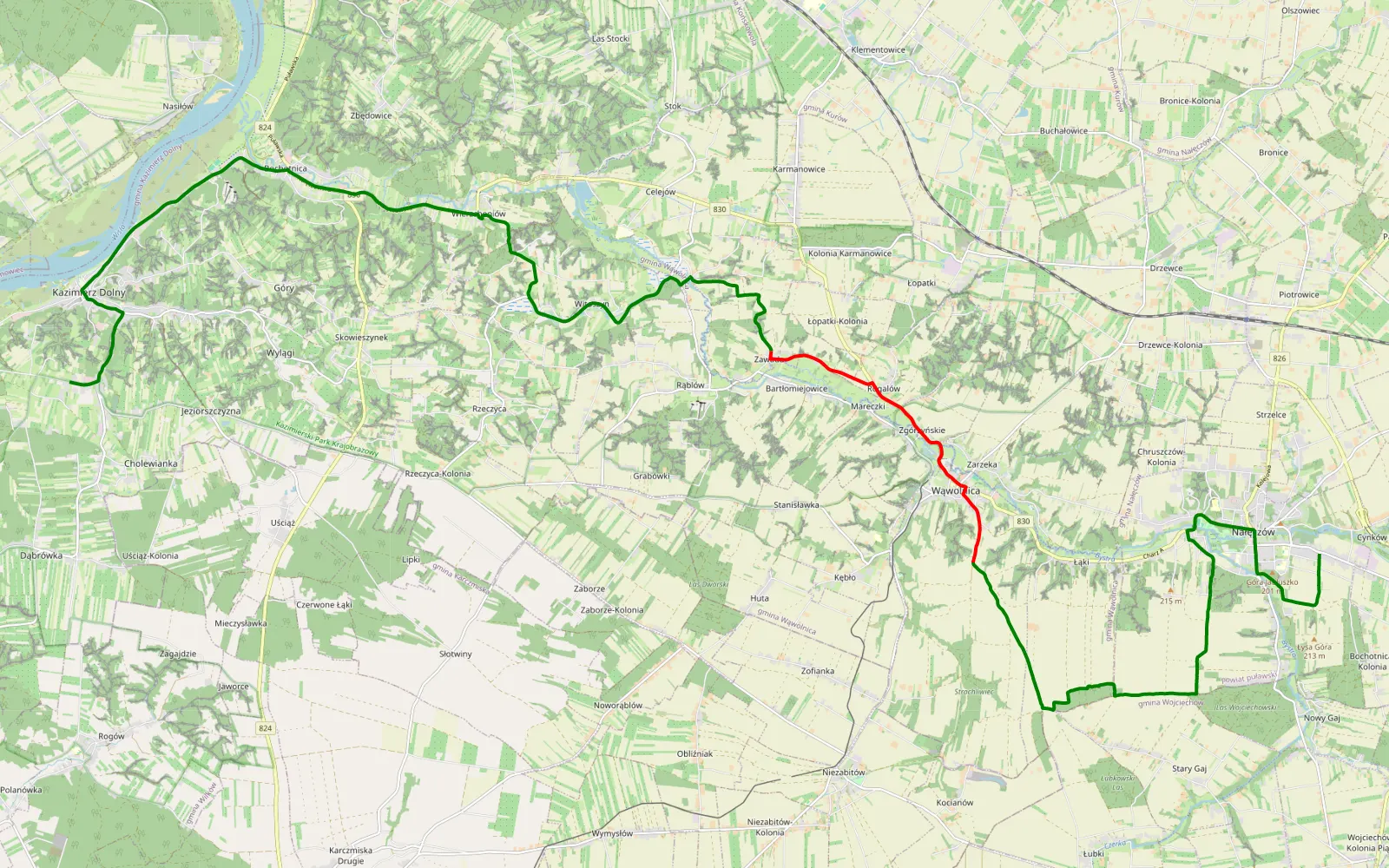 Mapa trasy Bochotnica - Kazimierz Dolny - 15.3 km trasy offroad, Powiat Puławski