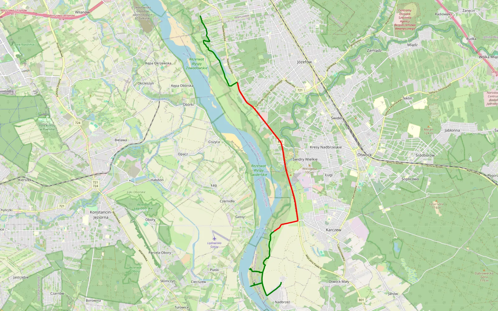 Mapa trasy Błota - Nadbrzeż - 14.3 km trasy offroad, Powiat Otwocki