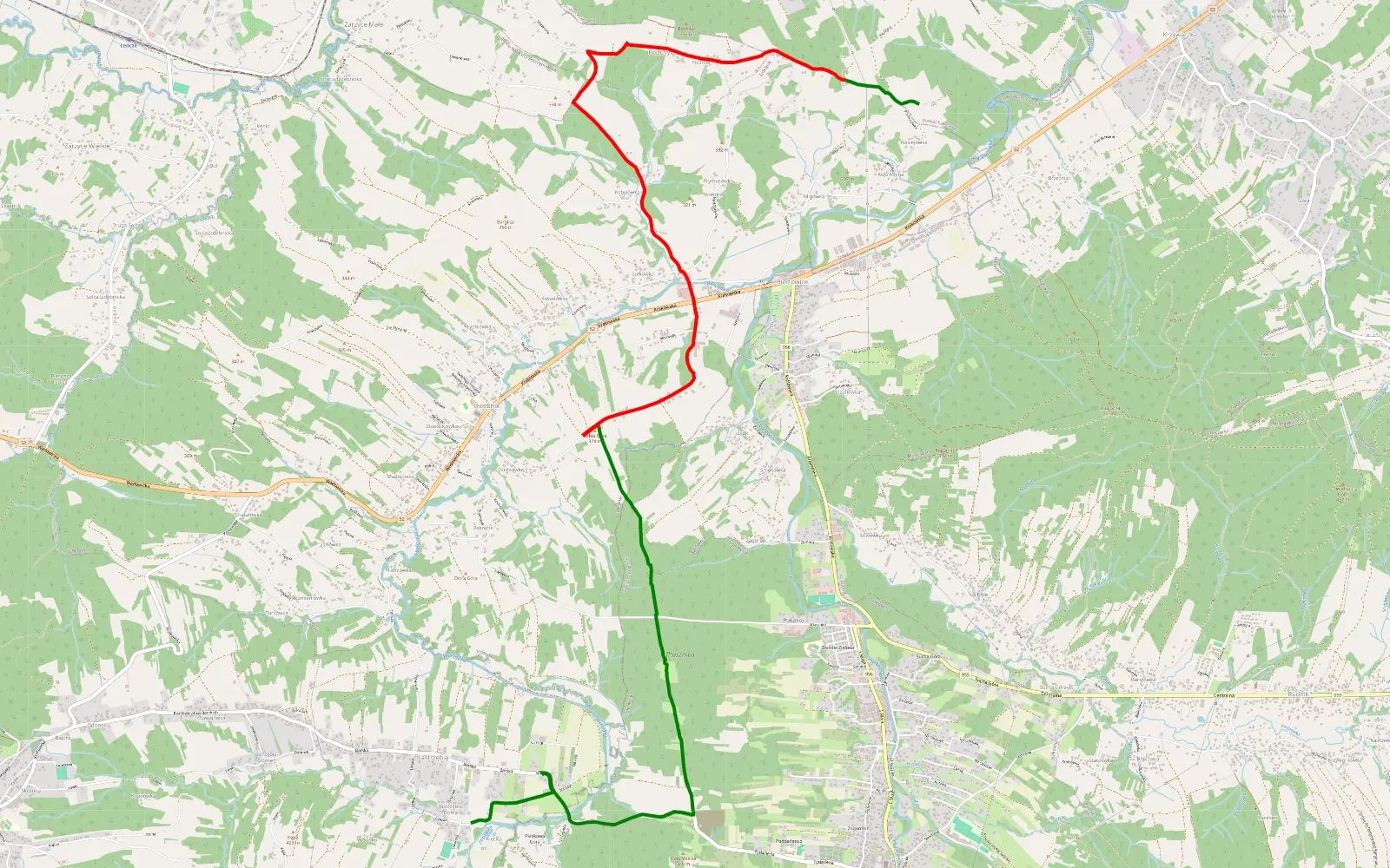 Mapa trasy Podchybie - Jastrzębia - 8.8 km trasy offroad, Powiat Wadowicki