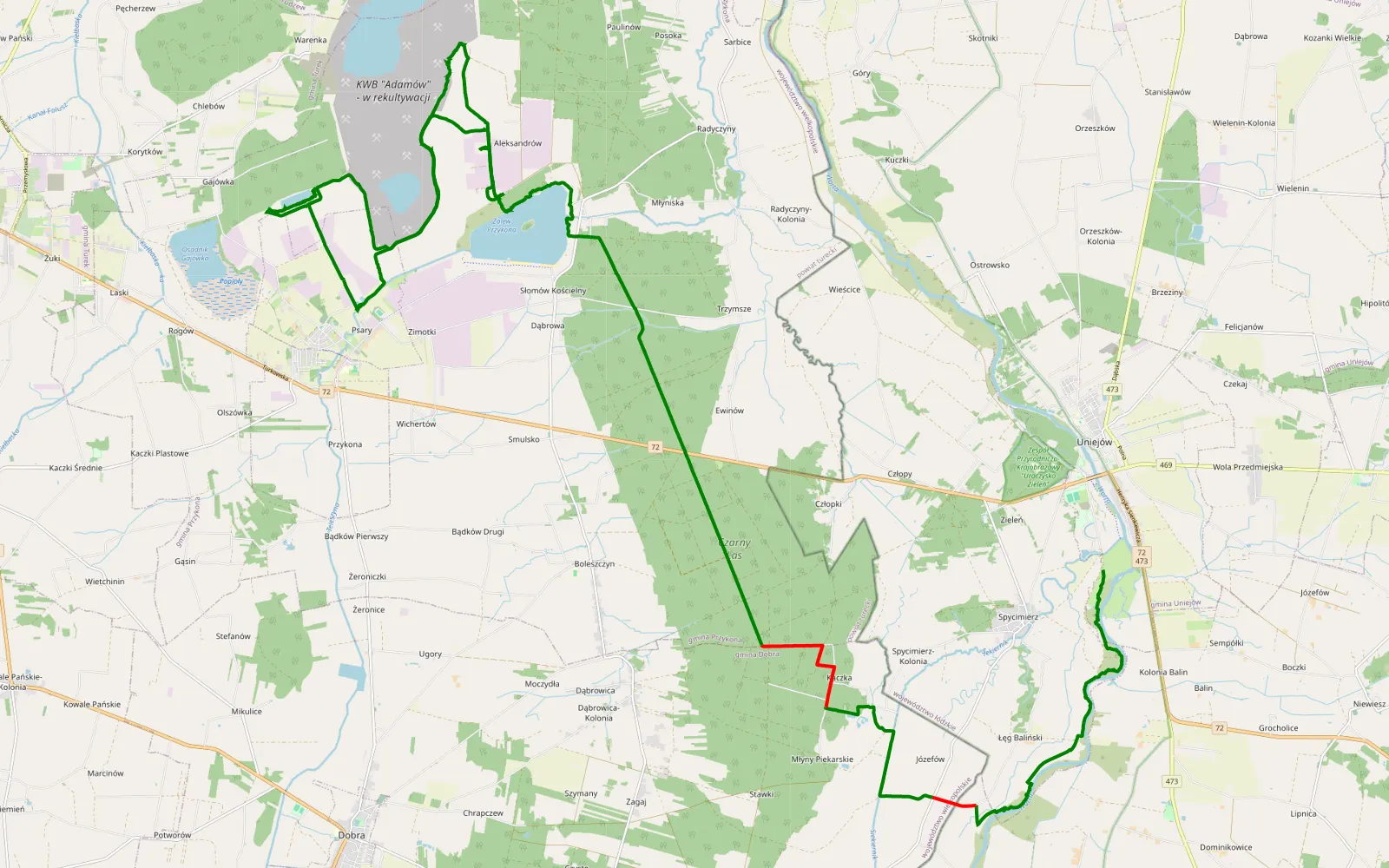 Mapa trasy Spycimierz - Słomów Górne - 35.3 km trasy offroad, Powiat Turecki