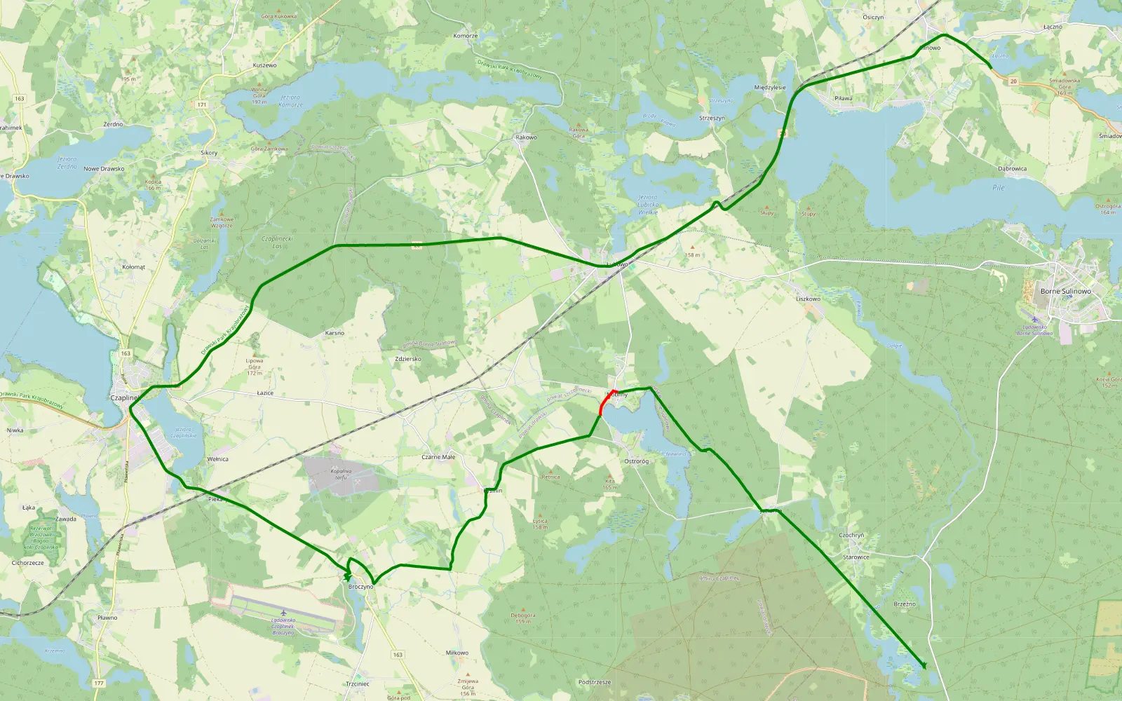 Mapa trasy Dudylany - Łączno - 15.1 km trasy offroad, Powiat Drawski