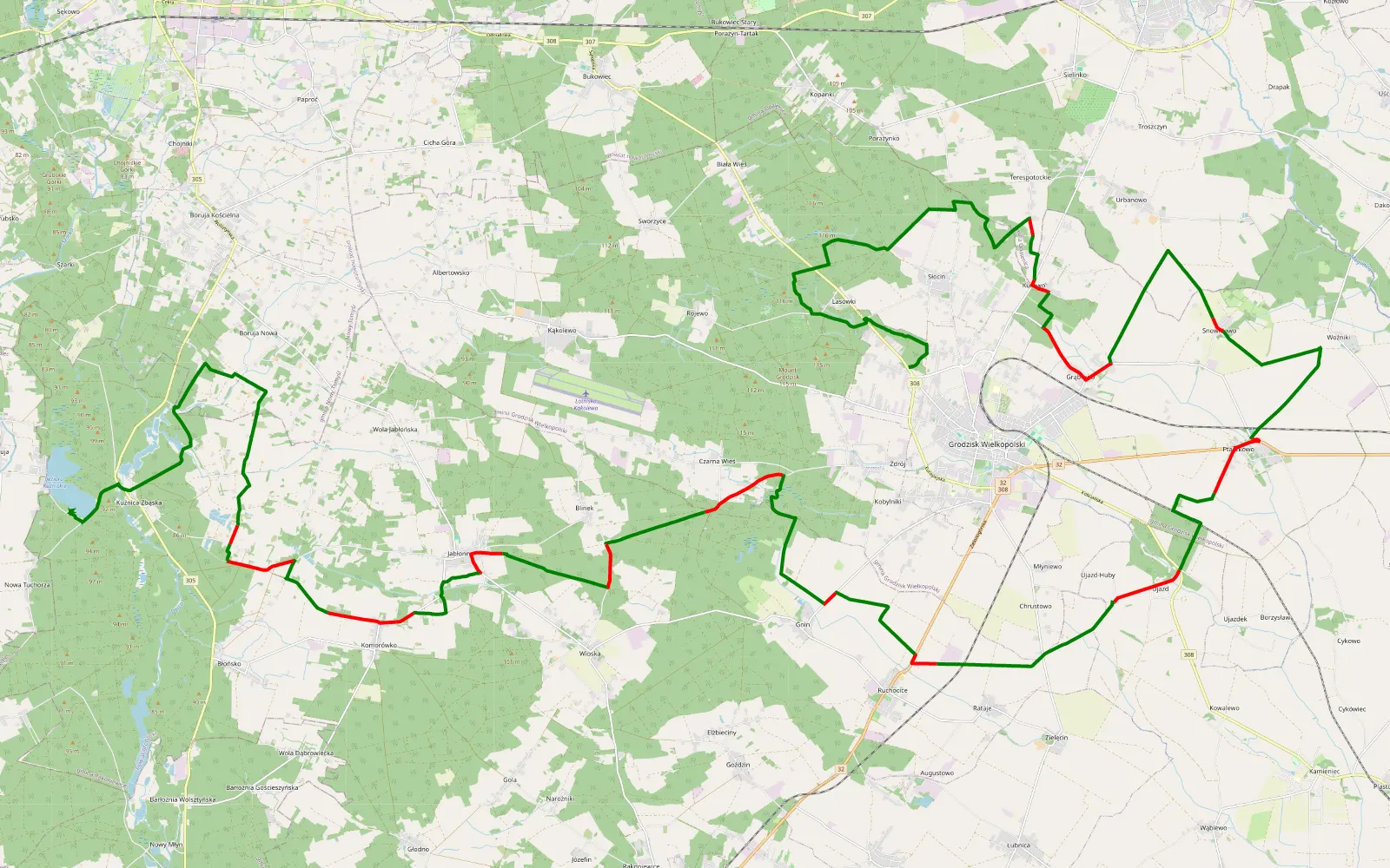 Map of Zdrój - Kuźnica Zbąska - 68.8 km offroad trail, Grodzisk Wielkopolski County