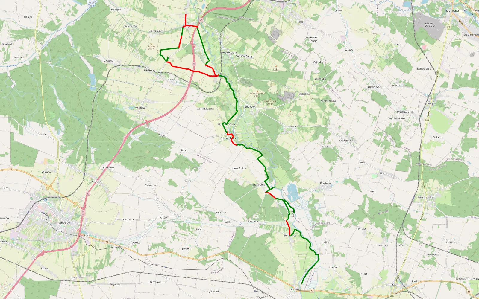 Mapa trasy Motkowice - Mokrsko Górne - 37.6 km trasy offroad, Powiat Jędrzejowski