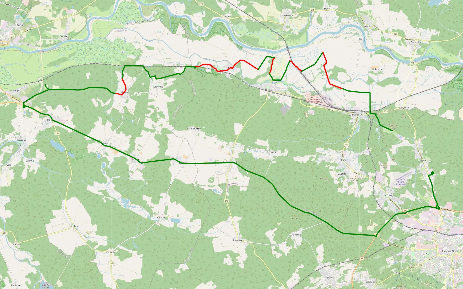Map of Wysokie - Łężyca - 30.5 km offroad trail, Zielona Góra County
