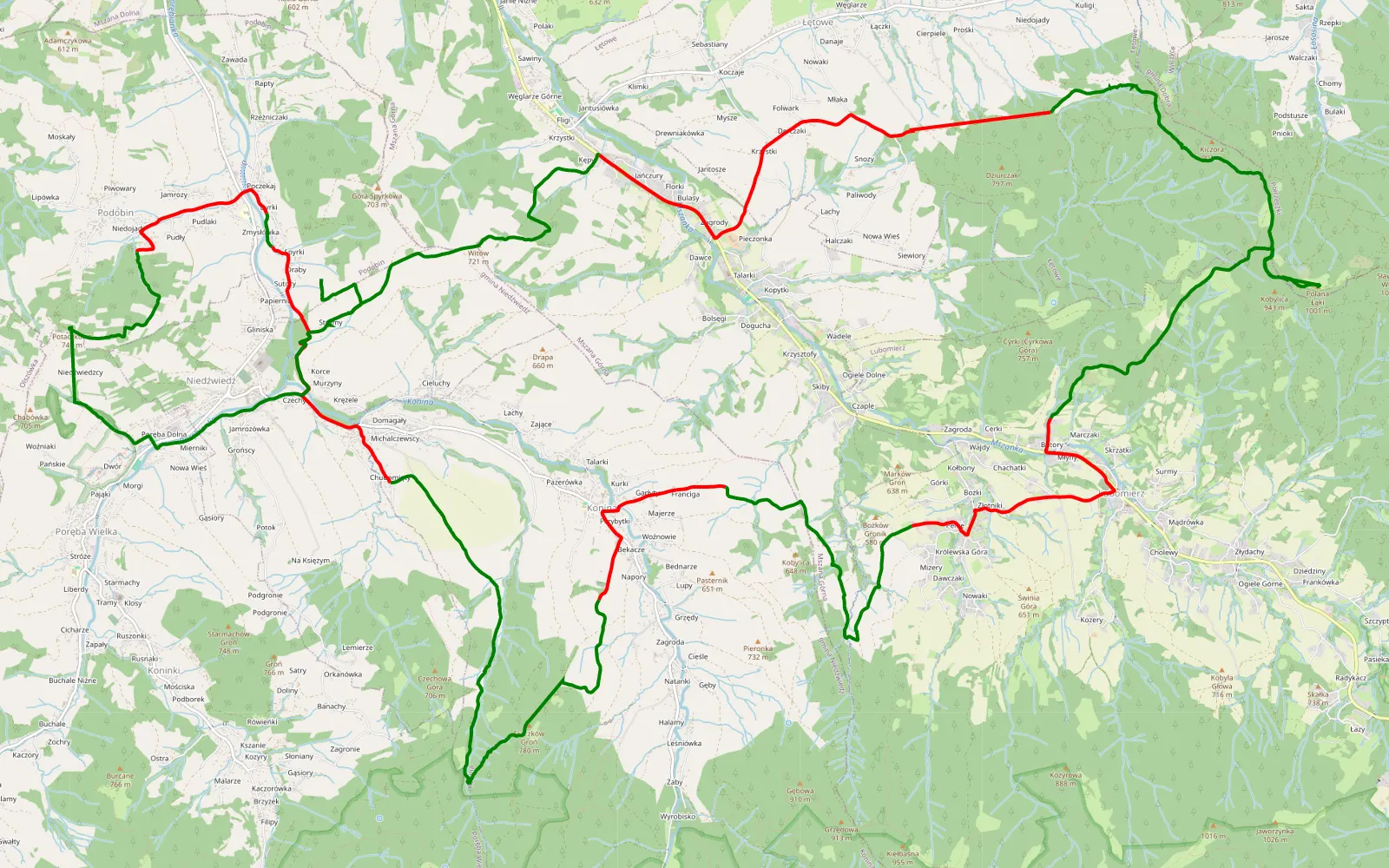 Mapa trasy Niedzwiedz - 37.3 km trasy offroad, Powiat Limanowski