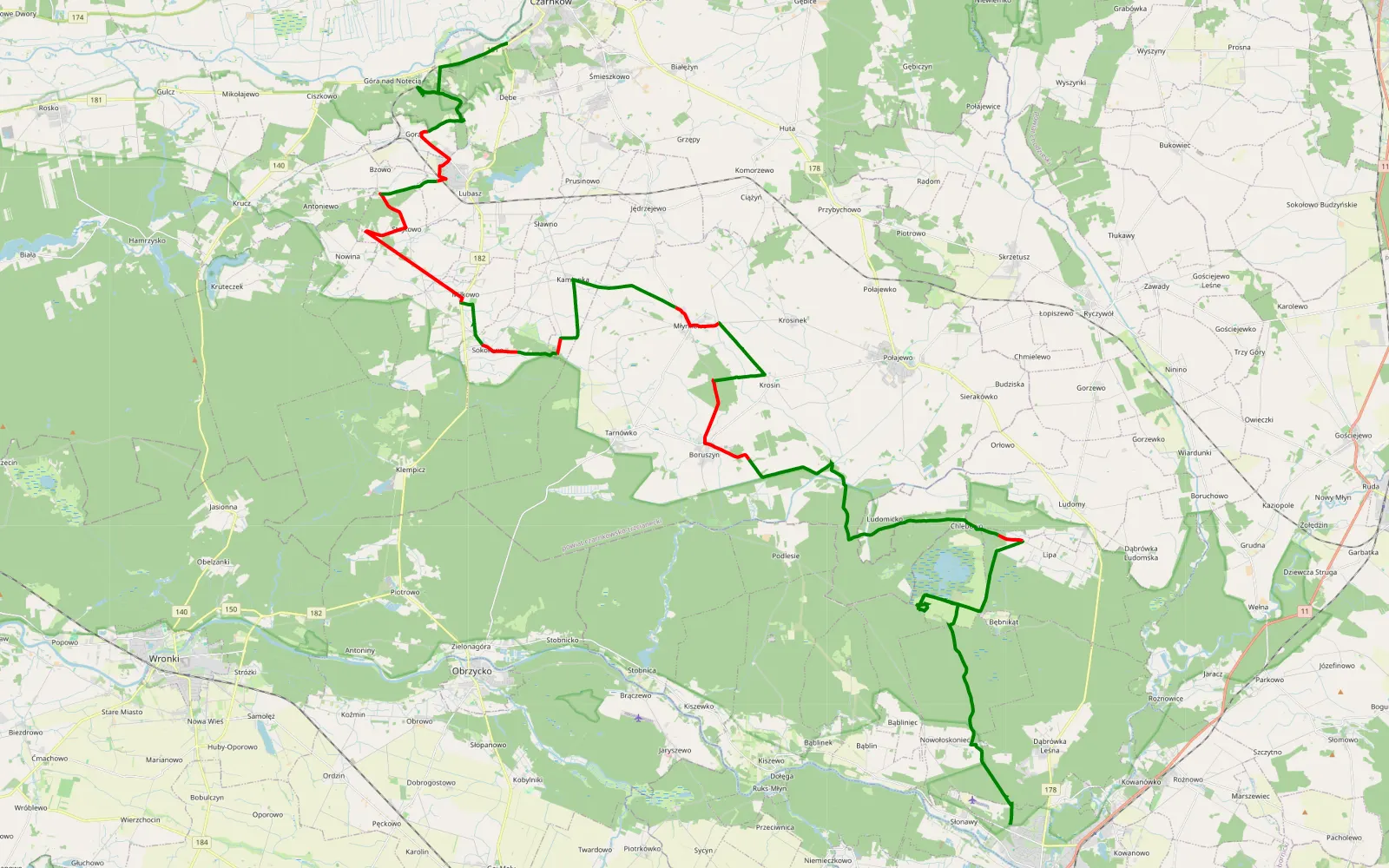 Mapa trasy Oborniki Czarnkow - 65.9 km trasy offroad, Powiat Czarnkowsko-trzcianecki