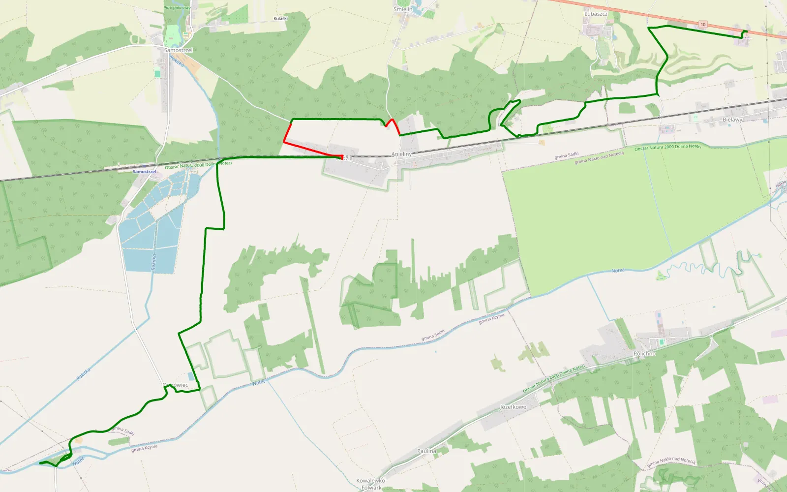 Map of Bielawy - Ludwikowo - 13.6 km offroad trail, Nakło County