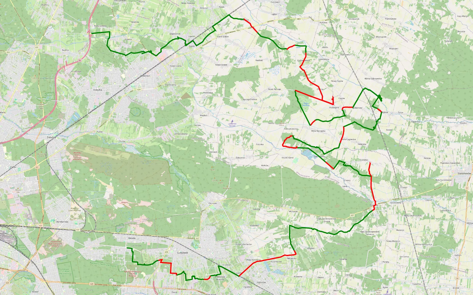 Mapa trasy Wesoła-Centrum - Janków Nowy - 74.9 km trasy offroad, Powiat Wołomiński