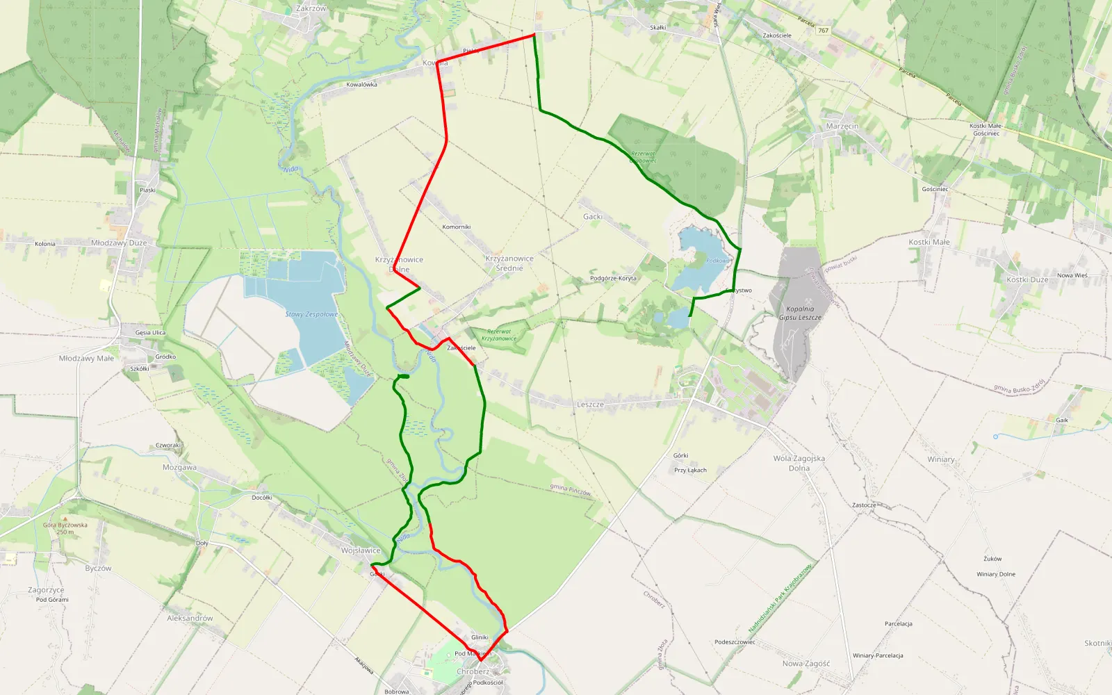 Mapa trasy Krzyżanowice Dolne - Gacki - 16.8 km trasy offroad, Powiat Pińczowski