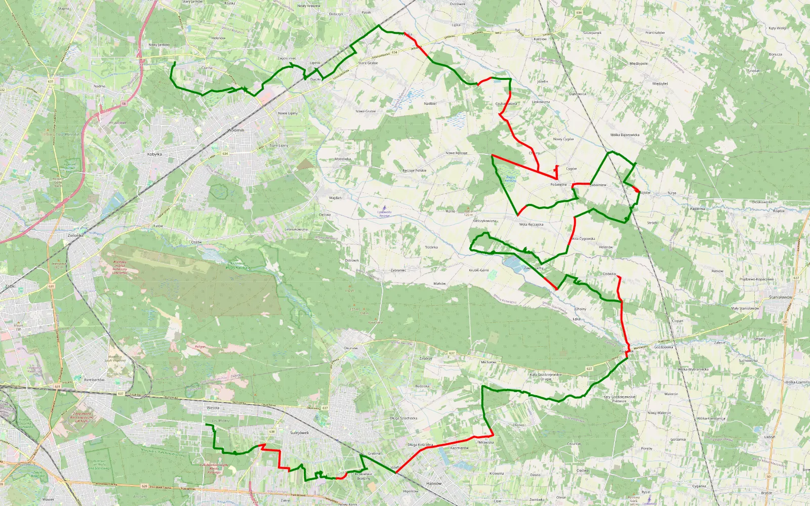 Mapa trasy Wesoła-Centrum - dzień kobiet - 77.7 km trasy offroad, Powiat Wołomiński