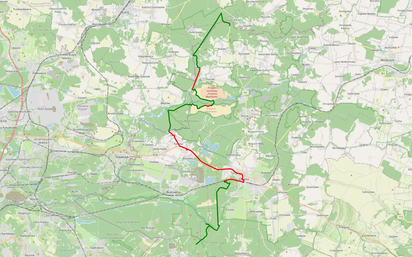 Mapa trasy Skrót - 44.3 km trasy offroad, Powiat Olkuski