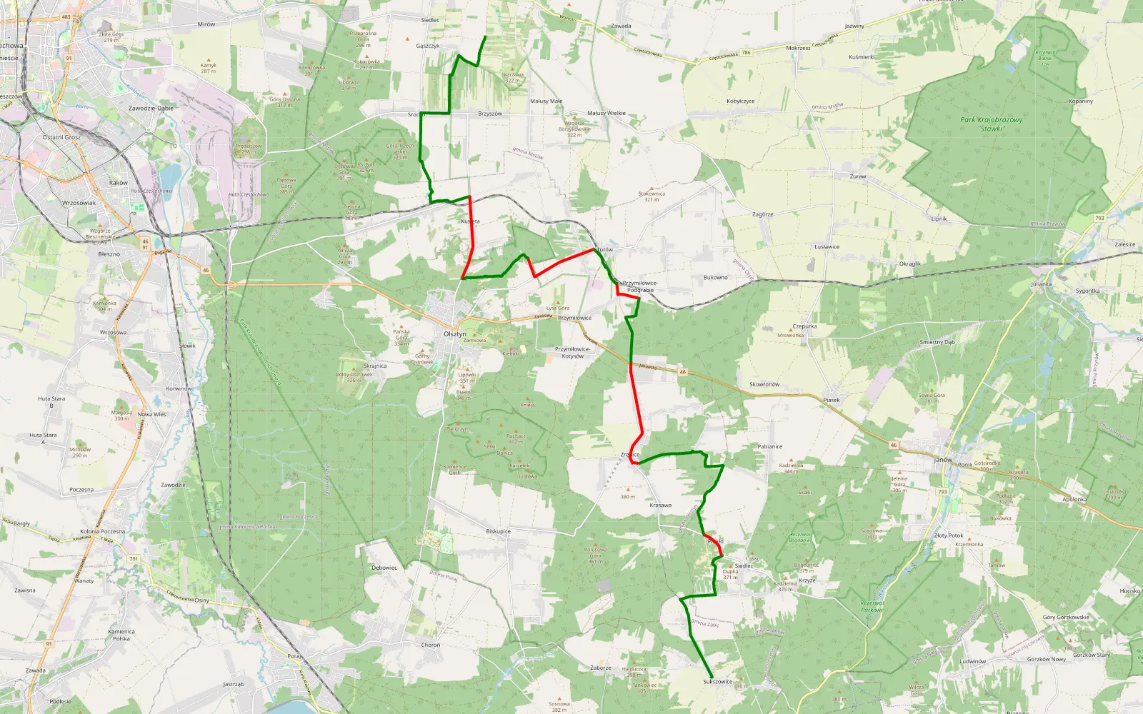 Map of Suliszowice - Mstów - 21.9 km offroad trail, Częstochowa County