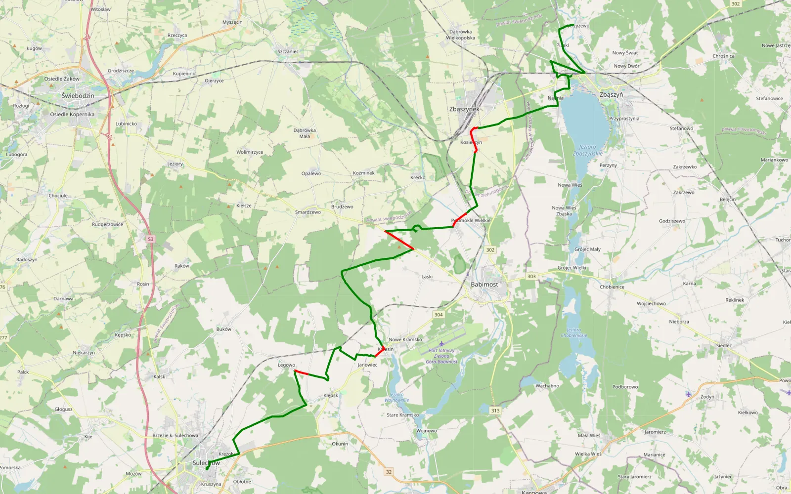 Mapa trasy Sulechów - Strzyżewo - 34.7 km trasy offroad, Powiat Zielonogórski