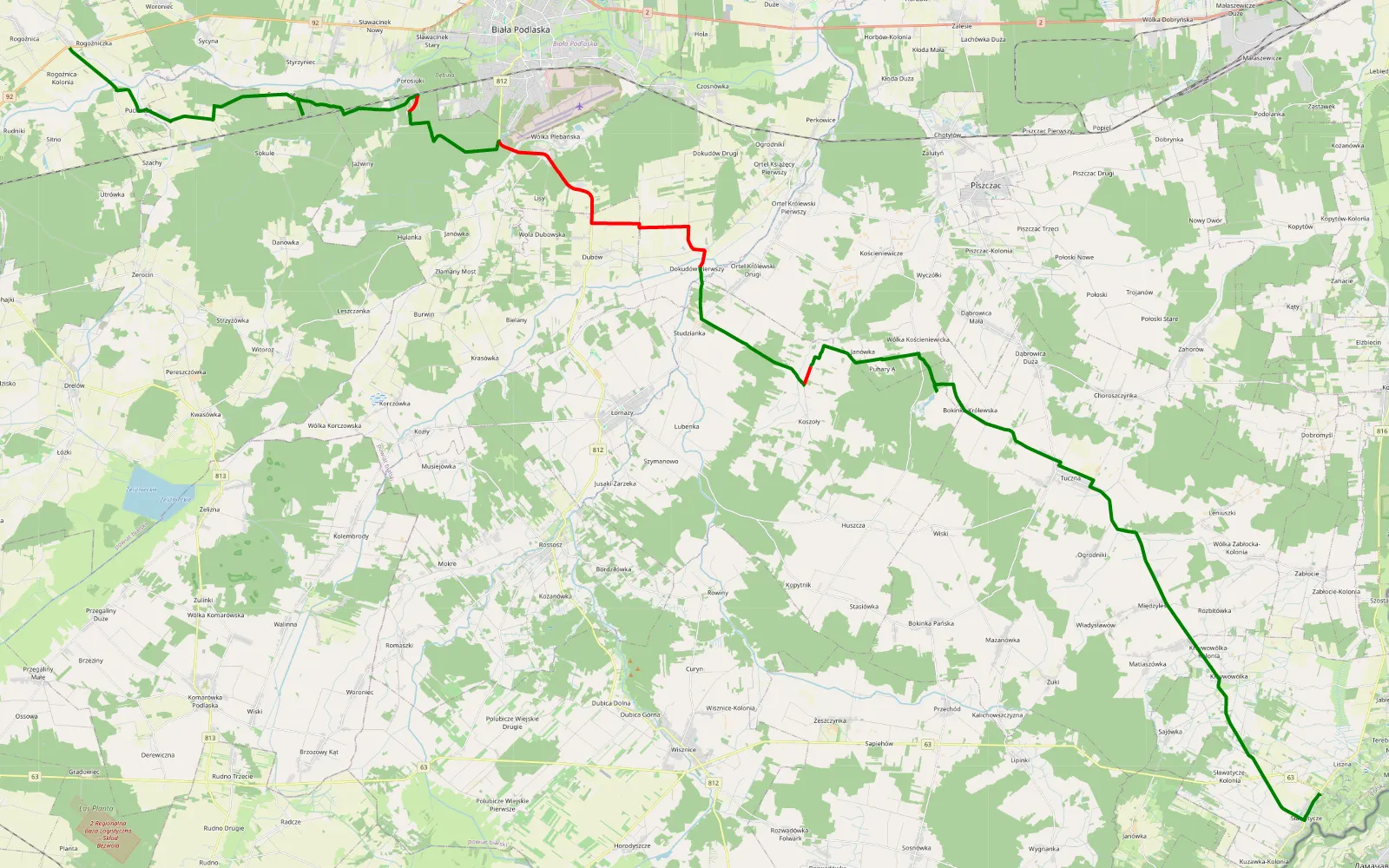 Mapa trasy Rogożniczka - Liszna - 39.5 km trasy offroad, Powiat Bialski