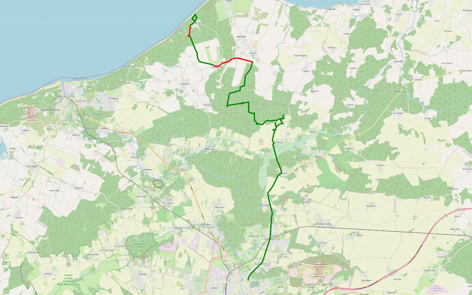 Map of Słupsk BRW - Poddąbie - 21.2 km offroad trail, Słupsk County