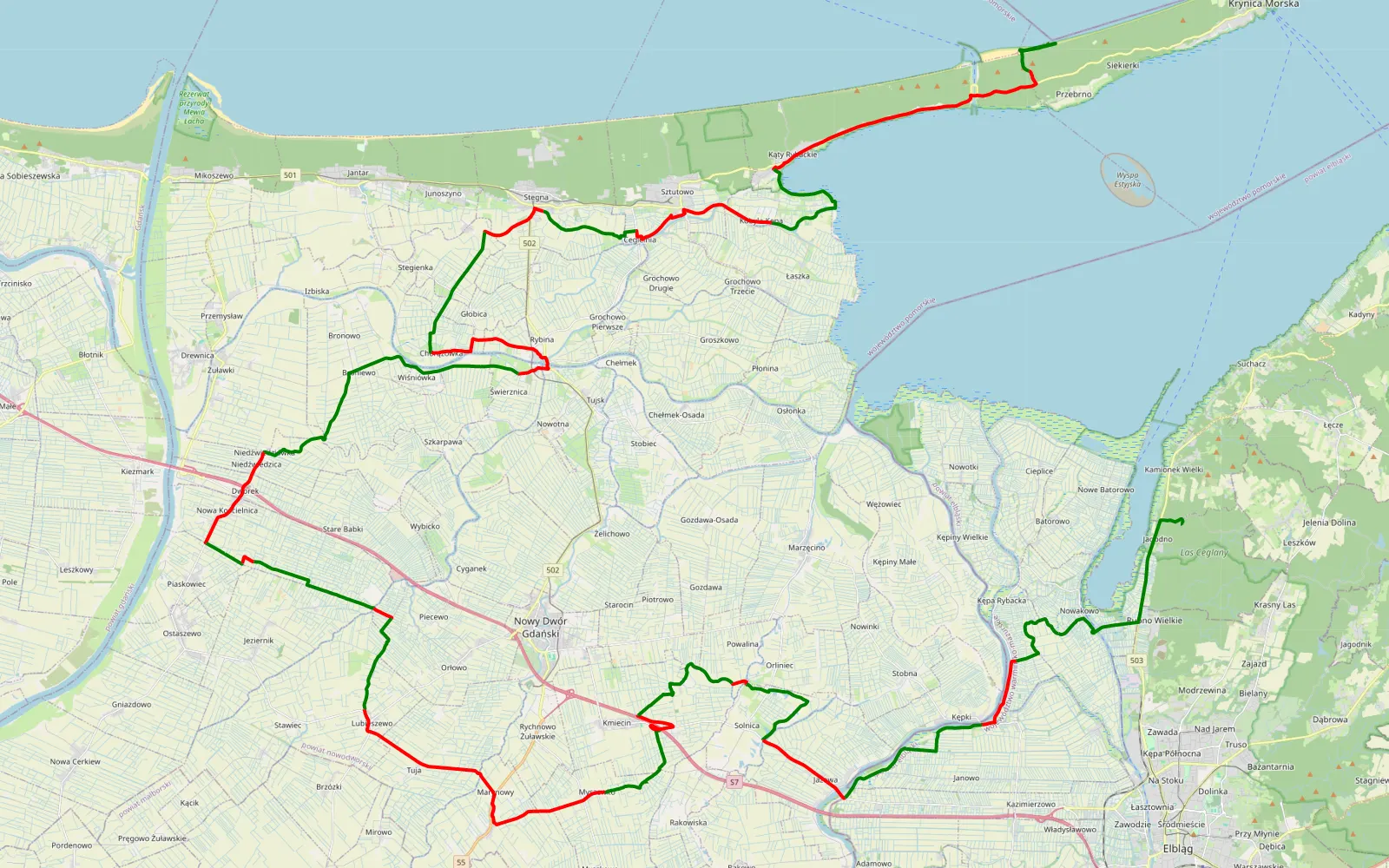 Mapa trasy Wydmy - Zawiszyn - 99 km trasy offroad, Powiat Nowodworski