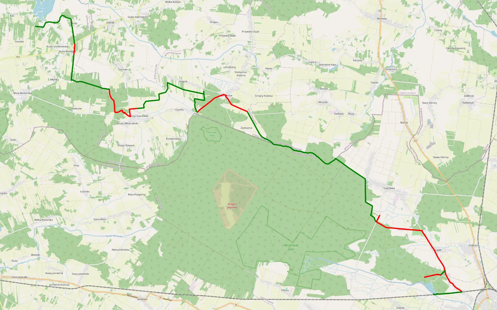 Mapa trasy Poważe - Czajków - 42.7 km trasy offroad, Powiat Siedlecki