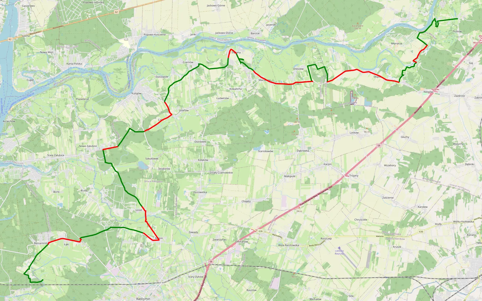 Mapa trasy Wólka Radzymińska - Ślubów - 43.8 km trasy offroad, Powiat Wołomiński