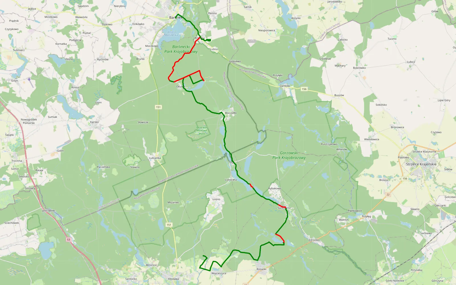 Map of Wojcieszyce - Barlinek - 42.6 km offroad trail, Myślibórz County