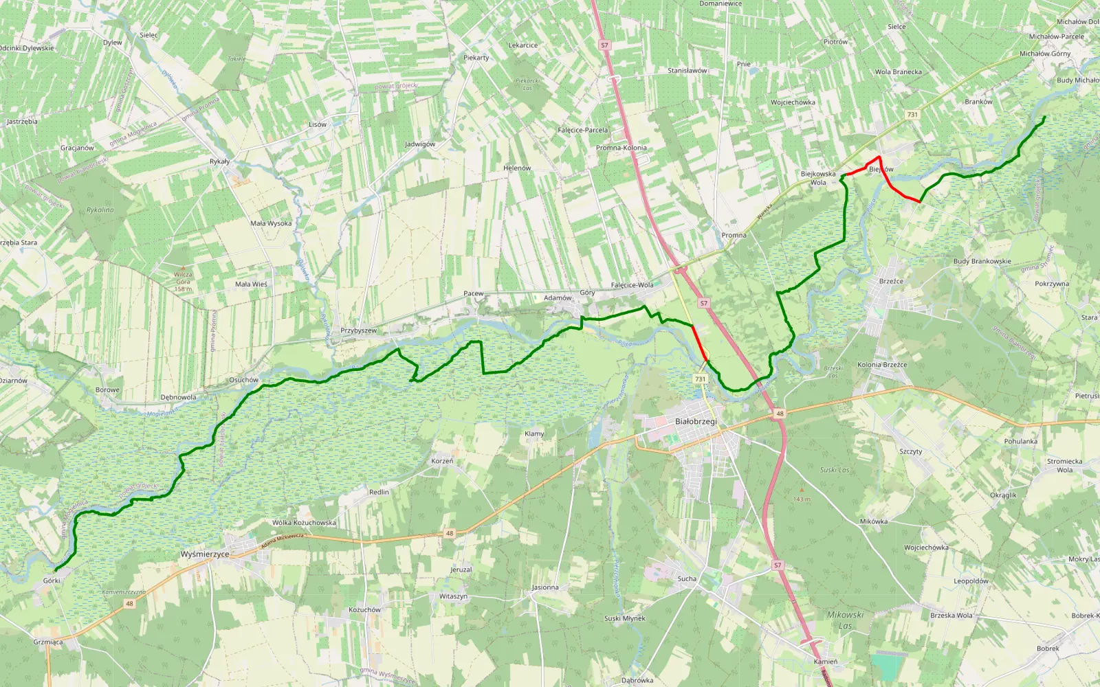 Mapa trasy Górki - Budy Michałowskie - 31 km trasy offroad, Powiat Białobrzeski