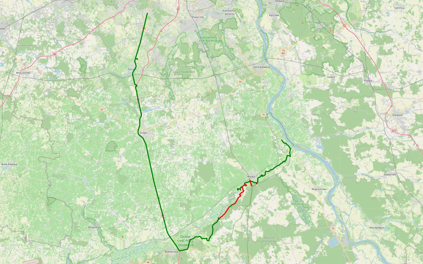Mapa trasy Mniszew - Łazy - 38 km trasy offroad, Powiat Kozienicki