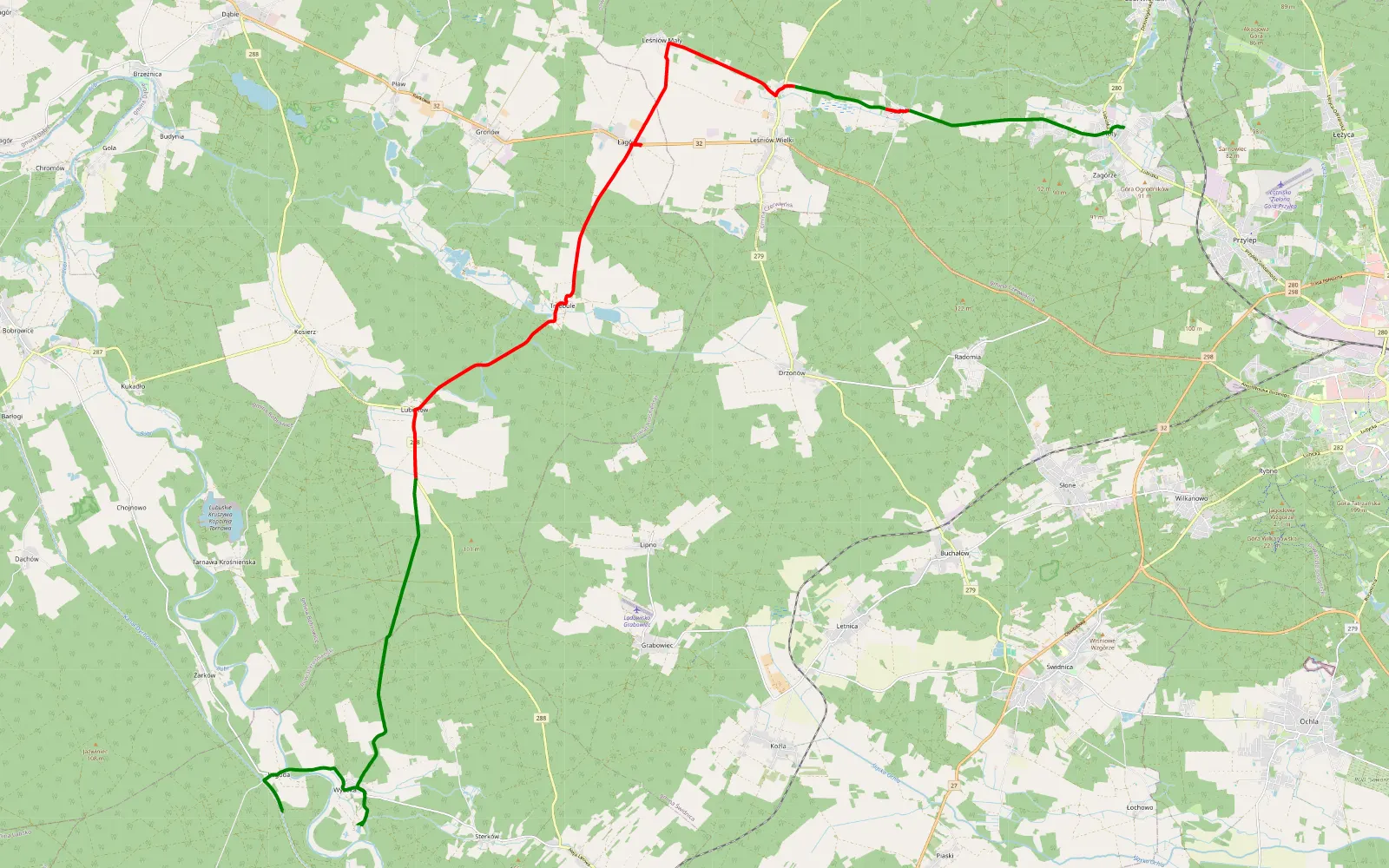 Map of Łagoda - Ploty - 28.7 km offroad trail, Zielona Góra County