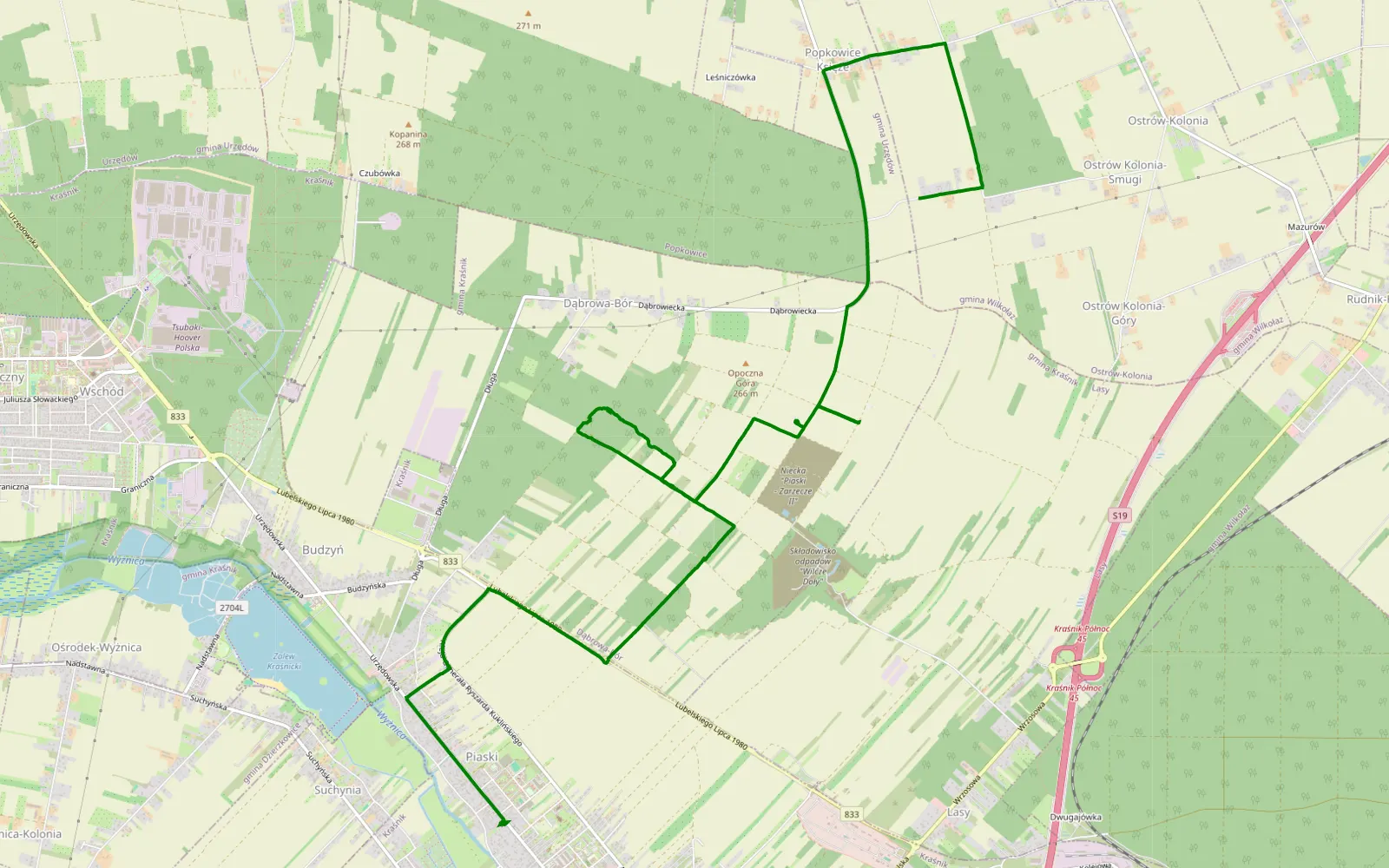 Mapa trasy Popkowice Księźe - Suchynia - 7 km trasy offroad, Powiat Kraśnicki