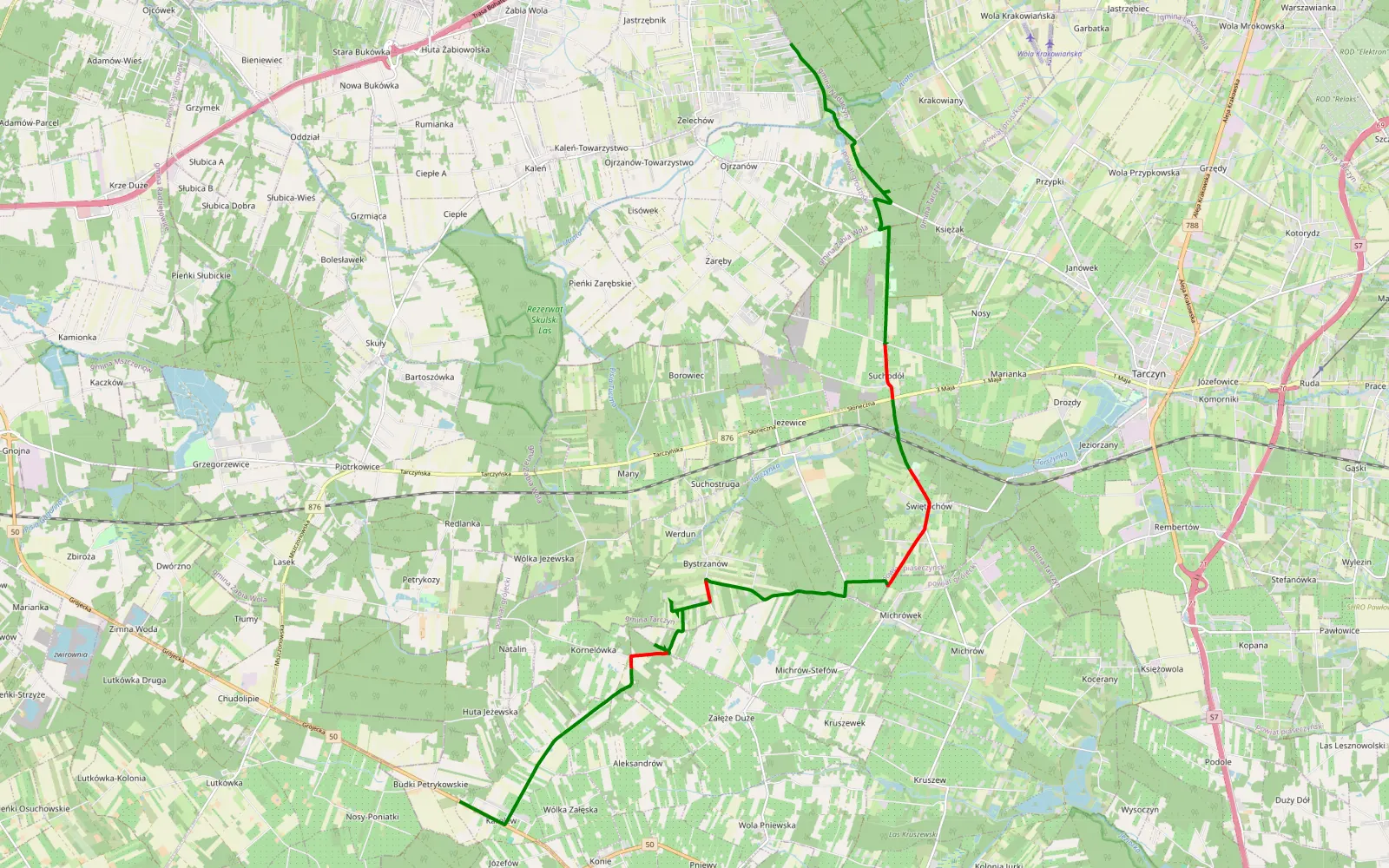 Map of Żelechów - Budy Petrykoskie - 16.7 km offroad trail, Piaseczno County