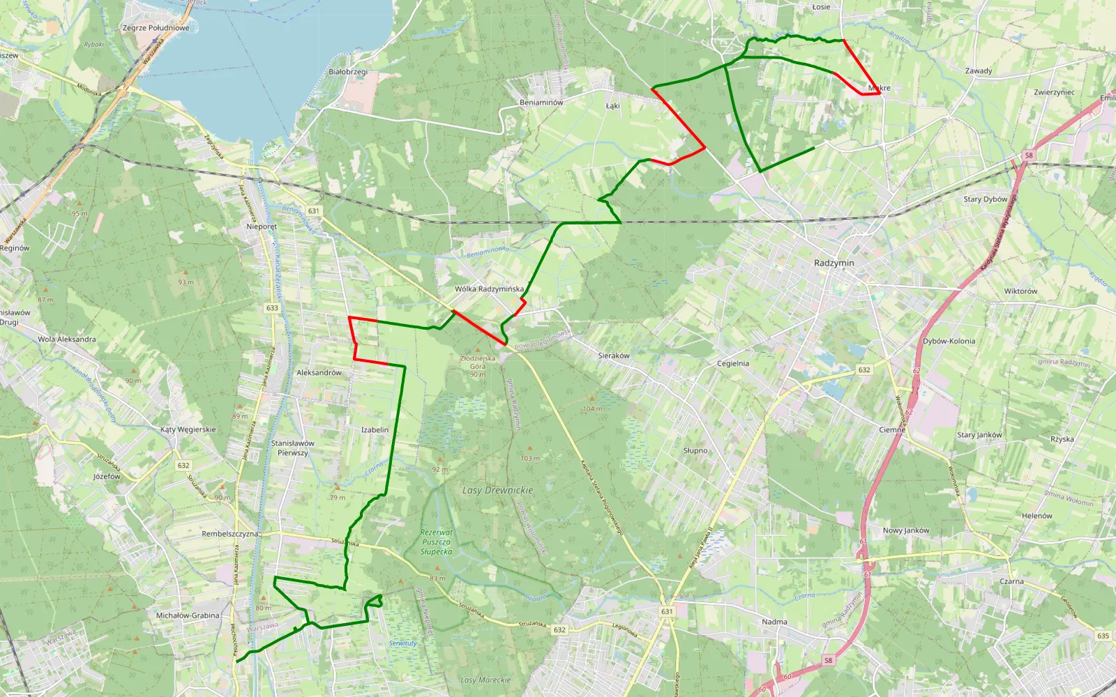 Mapa trasy Kobiałka - Mokre Nowe - 25.7 km trasy offroad, Powiat Legionowski