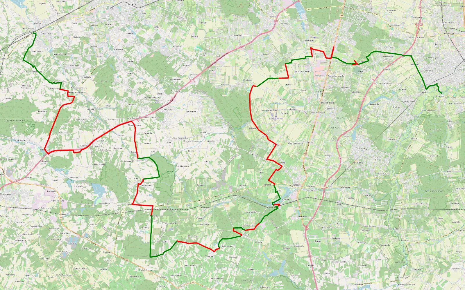 Map of Jazgarzew - Jaktorów-Kolonia - 74.9 km offroad trail, Piaseczno County