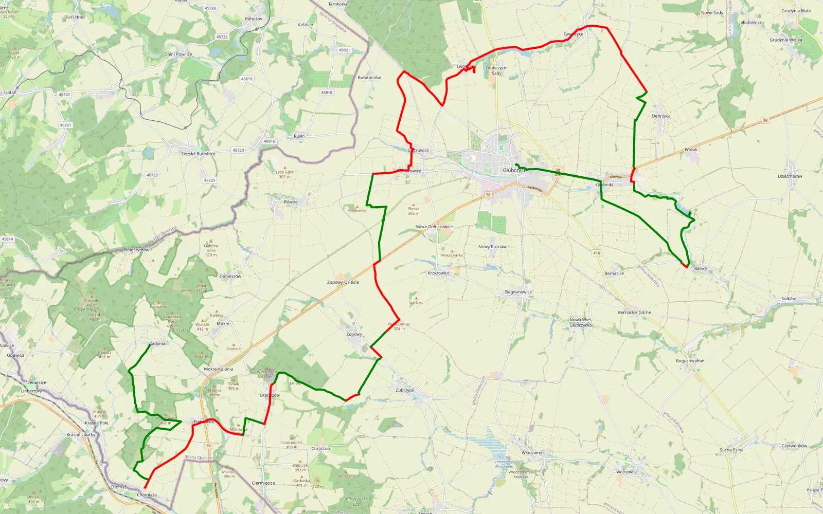 Mapa trasy Глубчице-pietrowice - 55.2 km trasy offroad, Powiat Głubczycki