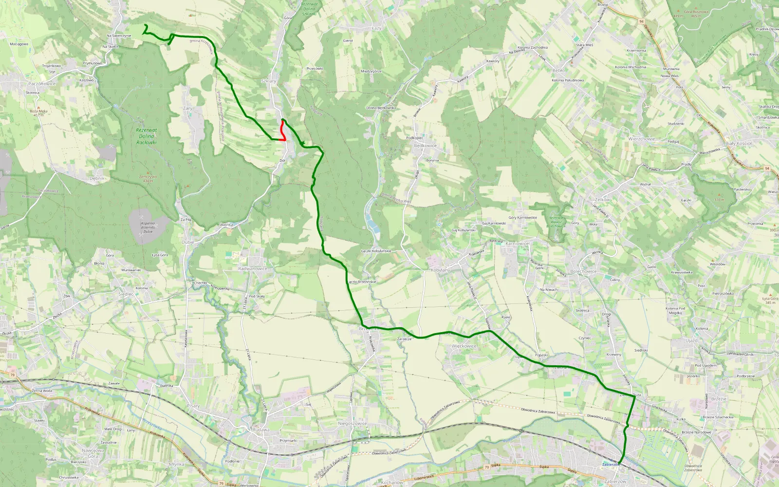 Mapa trasy Zabierzów - Racławice - 9.3 km trasy offroad, Powiat Krakowski