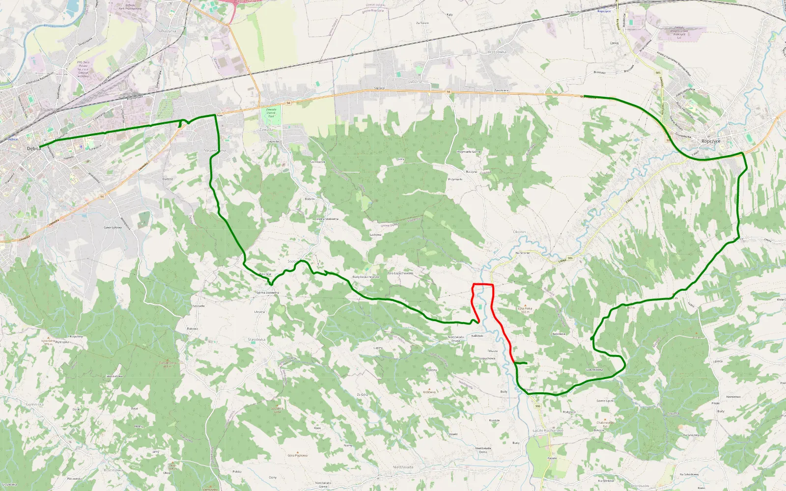 Mapa trasy Dębica - Czekaj - 6.4 km trasy offroad, Powiat Ropczycko-sędziszowski