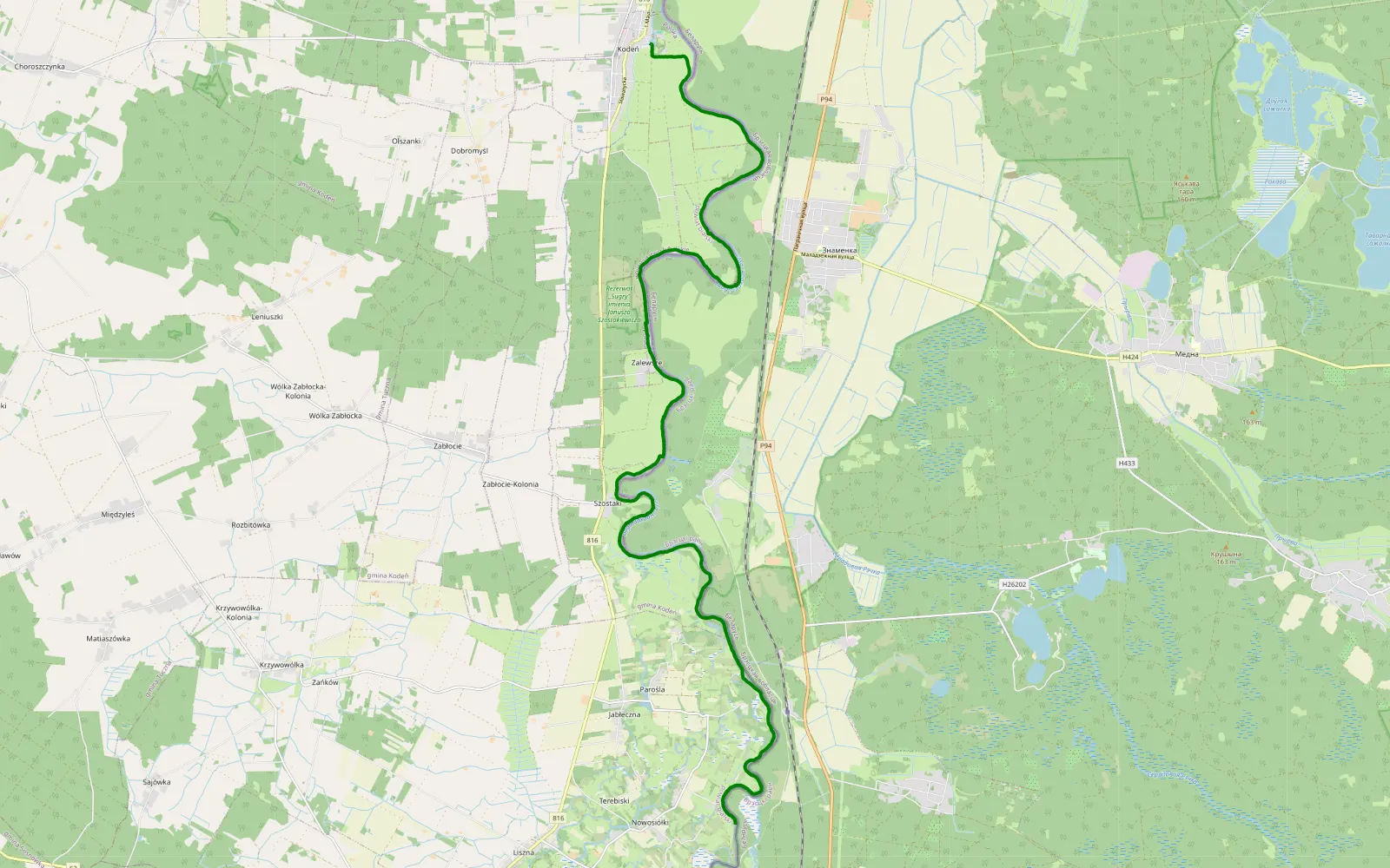 Mapa trasy Nowosiółki - Kodeń - 24.5 km trasy offroad, Powiat Bialski