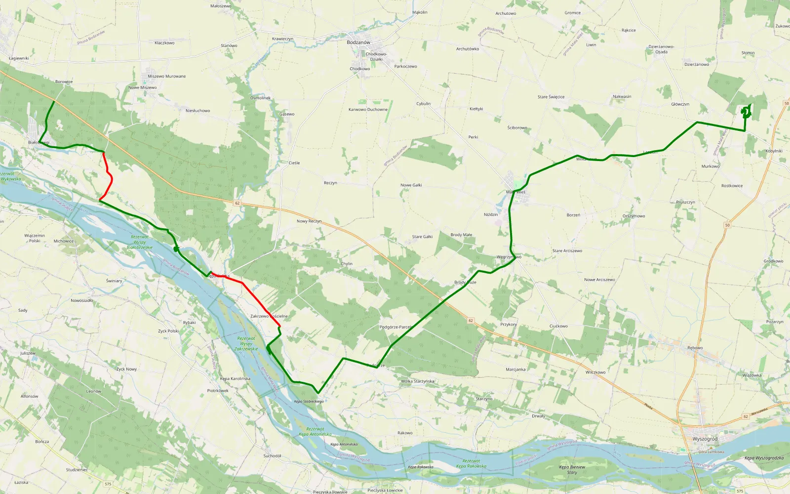 Mapa trasy Kępa Niemiecka - Kobylniki - 16.1 km trasy offroad, Powiat Płocki