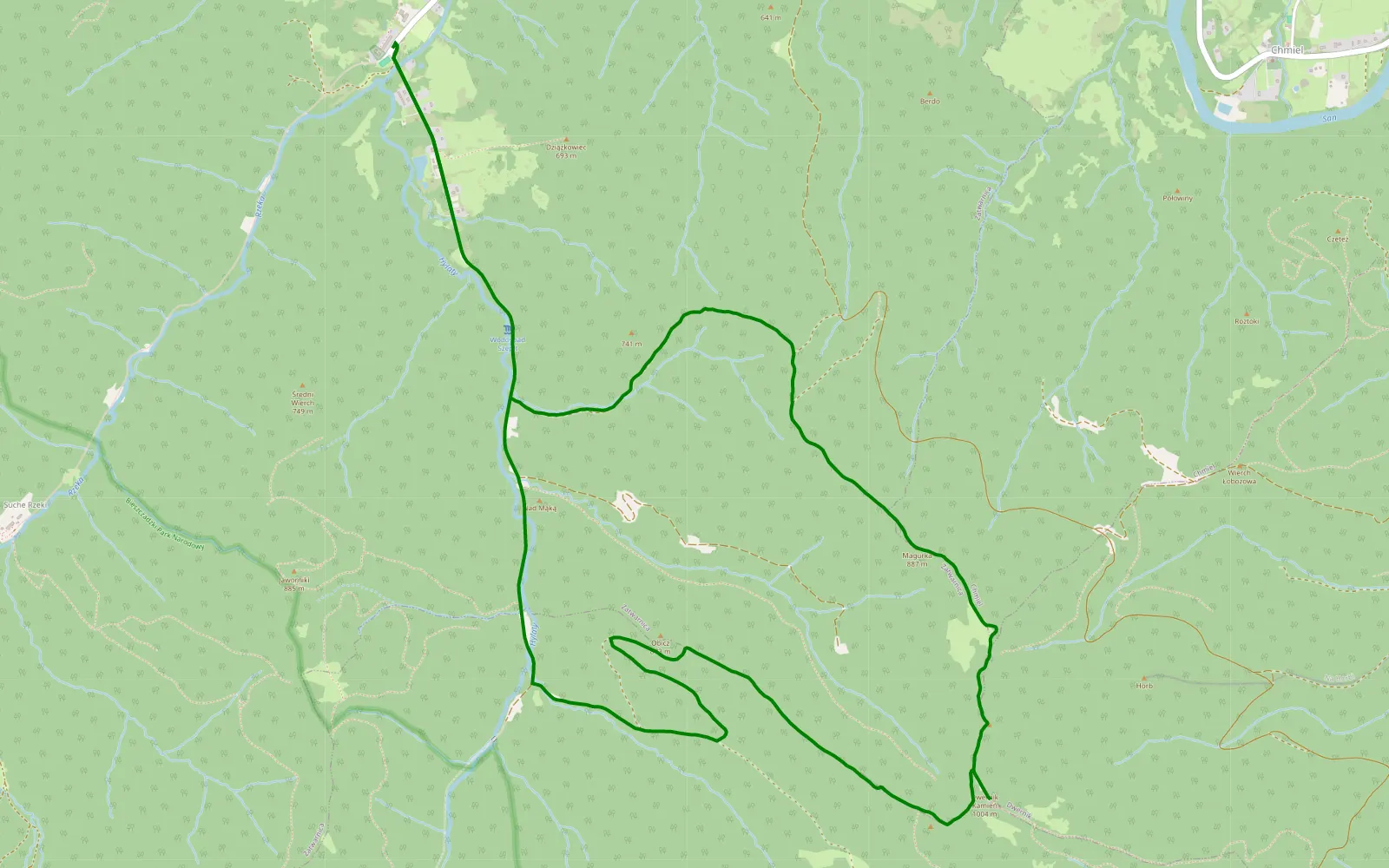Mapa trasy Trasa z 49.221027N, 22.548138W do 49.221216N, 22.548174W - 11 km trasy offroad, Powiat Bieszczadzki