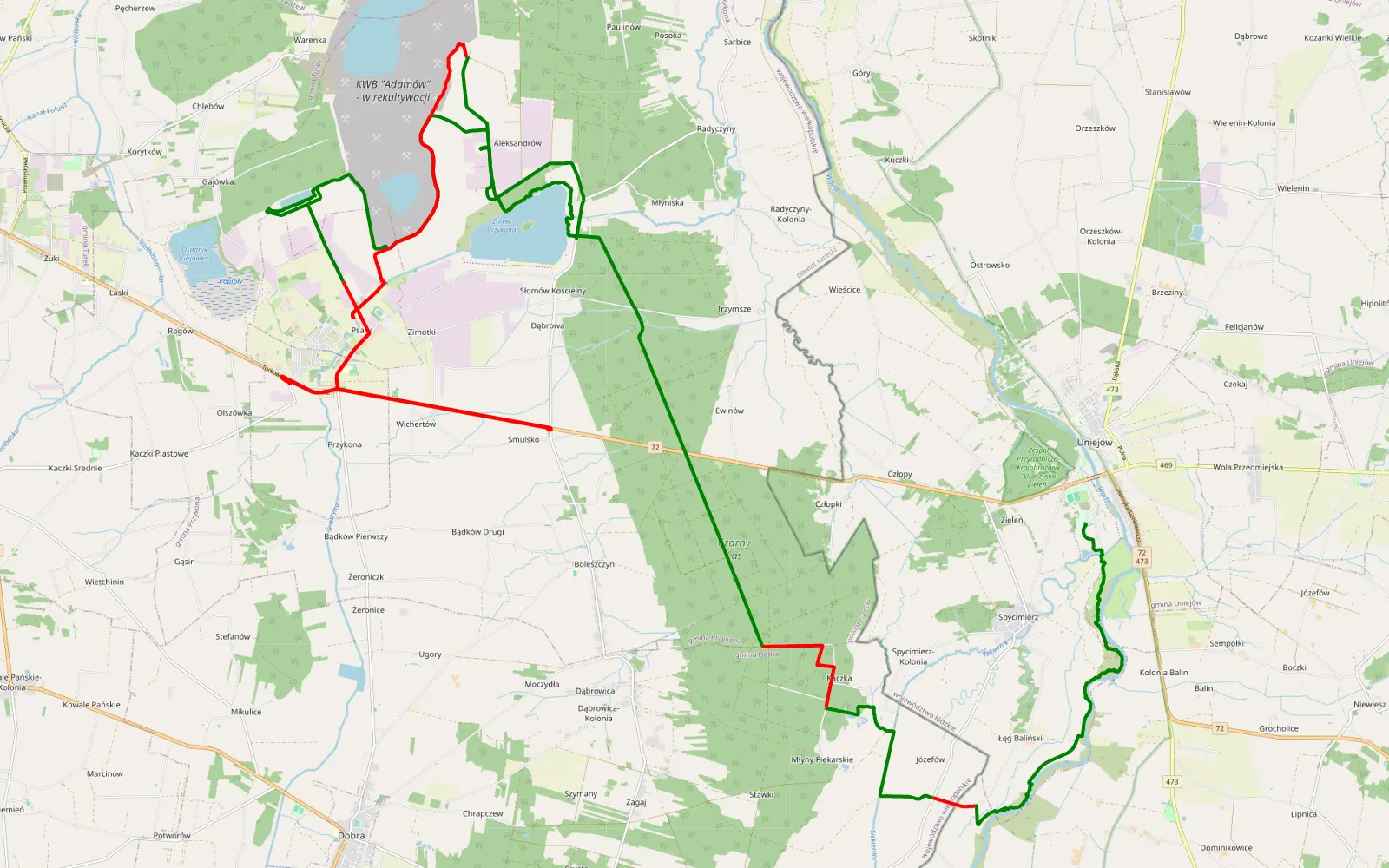 Mapa trasy Uniejów - Słomów Kościelny - 59.1 km trasy offroad, Powiat Turecki