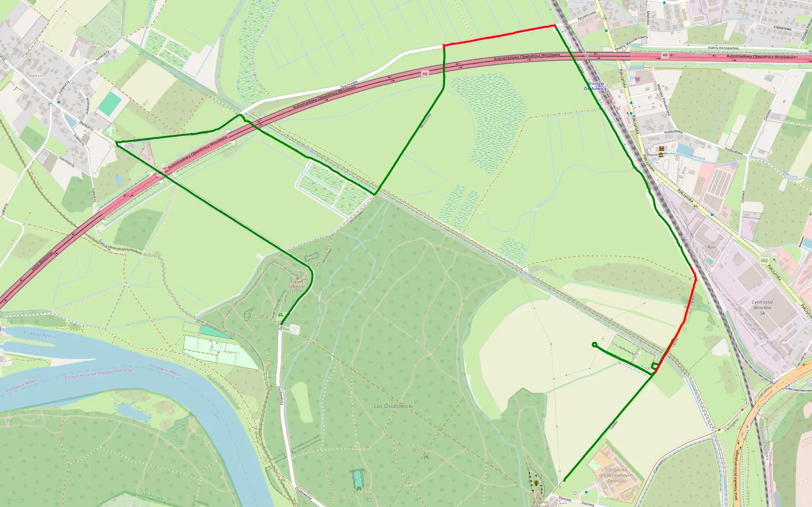 Mapa trasy Osobowice - Osobowice-Rędzin - 3.7 km trasy offroad, Wrocław