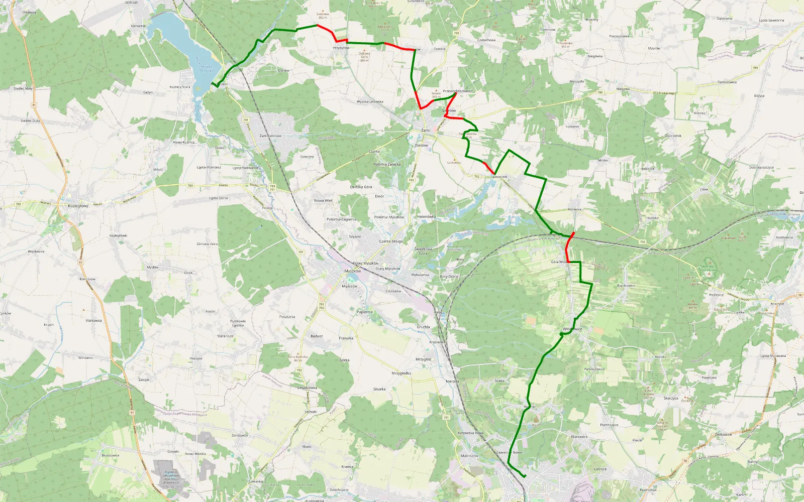 Mapa trasy Zawiercie-Zalew poraj - 28 km trasy offroad, Powiat Myszkowski