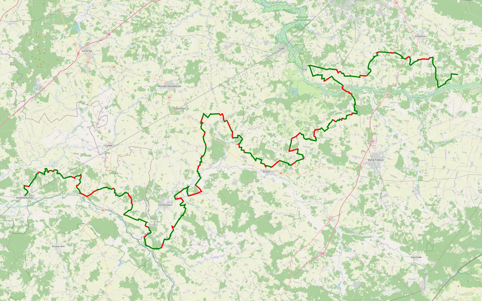 Map of Małkinia Górna - Trześcianka - 244.2 km offroad trail, Wysokie Mazowieckie County