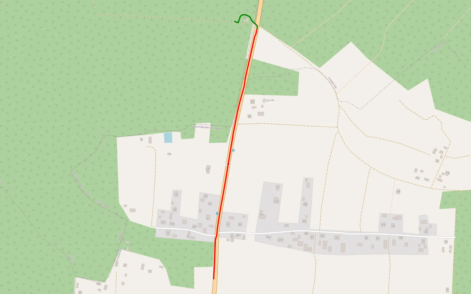 Mapa trasy Zagrody - 0.9 km trasy offroad, Powiat Dąbrowski