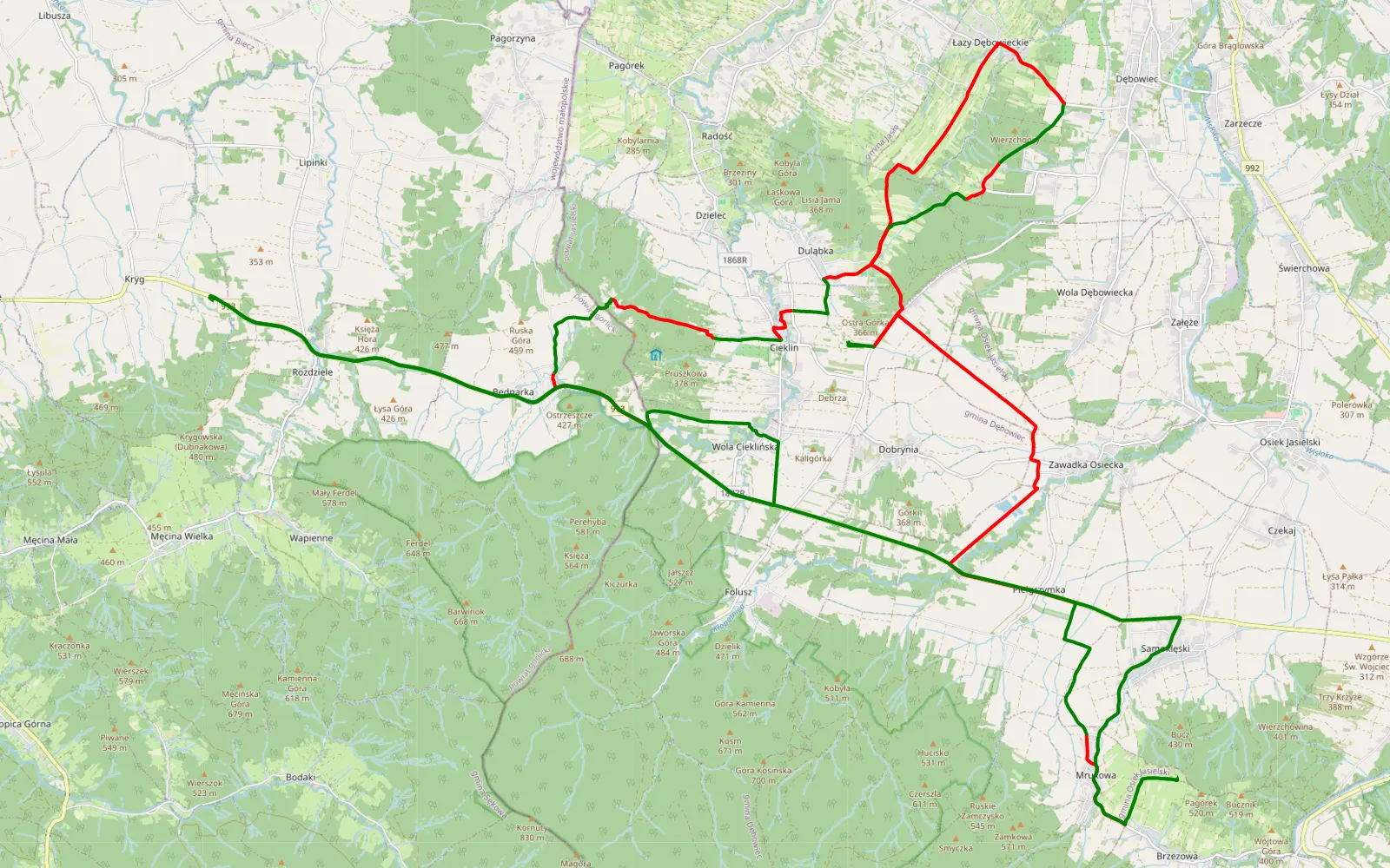 Map of Kryg - 37.6 km offroad trail, Jasło County